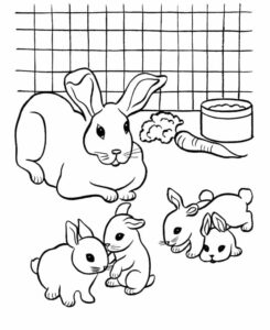 Mother rabbit protects tiny bunnies coloring page