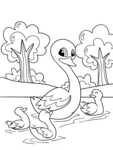 Mother swan protects swanlings on tranquil pond coloring page