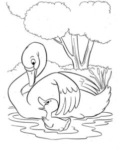 Mother swan protects swanlings in tranquil waters coloring page