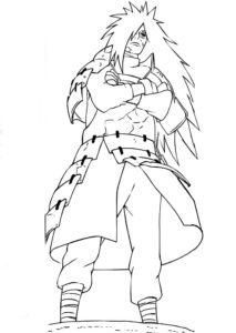 Mysterious character with spiky hair and long coat in drawing coloring page