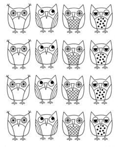 Nine owls: silent conversation in overlapping forms coloring page