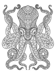 Octopus: big eyes, patterned skin, long arms coloring page