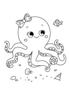 Octopus with bow holds lollipop coloring page