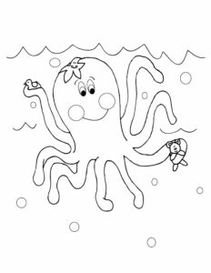 Octopus with bow holds two fish coloring page