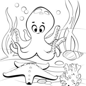 Octopus, crab, starfish: underwater friends coloring page