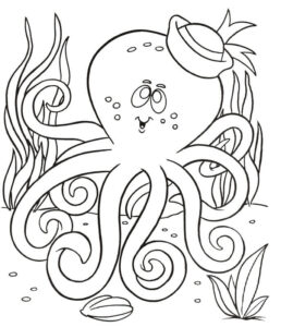 Octopus in hat smiles, plants bloom coloring page