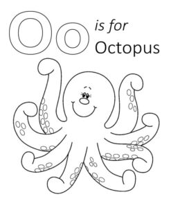 Octopus holds “o” with grinning eye coloring page