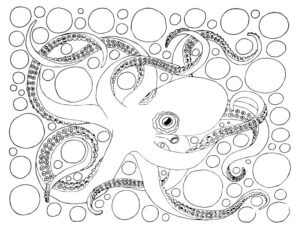 Octopus surrounded by mysterious circles coloring page