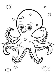 Octopus smiles: dotted body, bubbles rise coloring page