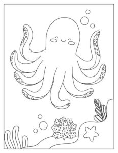 Octopus smiles at sea creatures coloring page