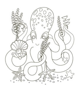 Octopus smiles with starfish and seashell coloring page