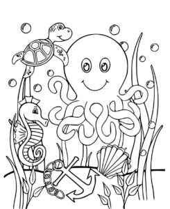 Octopus smiles with underwater friends coloring page