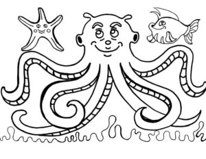 Octopus, starfish, and fish friends coloring page