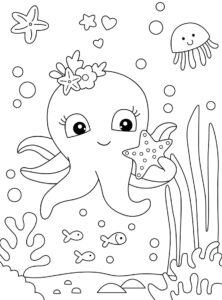 Octopus, starfish, and underwater friends coloring page