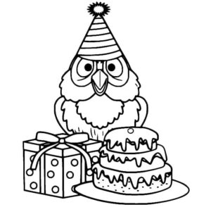 Owl birthday cake: a festive treat coloring page