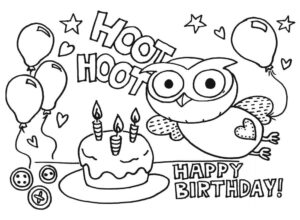 Owl blows out birthday candles coloring page