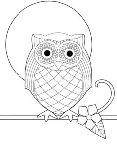 Owl with bow & floral chest gazes right coloring page