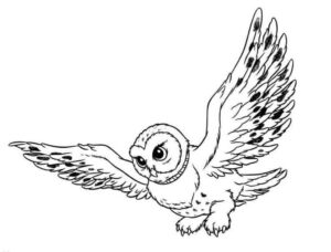 Owl gazes left, bell tinkles softly coloring page