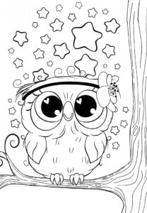 Owl gazes at starry sky with flower coloring page