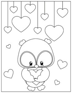 Owl in heart of joyful scene coloring page