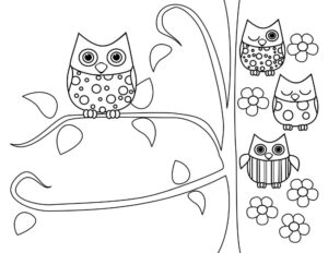 Owl mystery: silent vigil on leafy branch coloring page