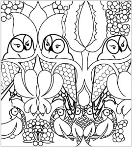 Owls feasting on grapes: a rare sight coloring page