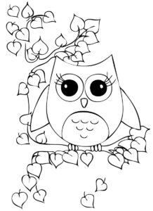 Owl’s love nest: heartfelt branch perch coloring page