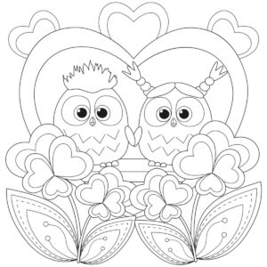 Owls nestled in vibrant flower bloom coloring page