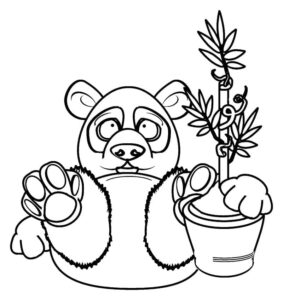 Panda holds bamboo and cup coloring page