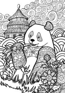 Panda, pagoda, & blooming beauty coloring page