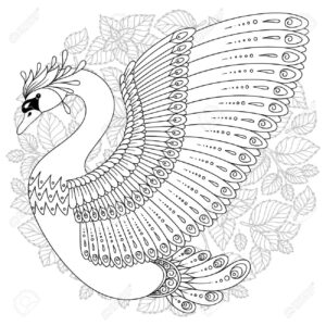 Peacock-eyed swan in blooming tapestry coloring page