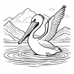 Pelican soaring: majestic mountain lake coloring page