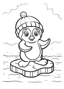 Penguin in hat braves icy landscape coloring page