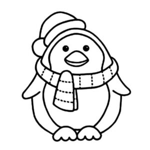 Penguin in hat & scarf: proud pose coloring page