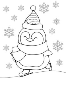 Penguin in hat & scarf: snowy glide coloring page