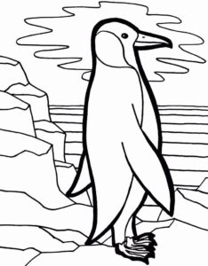 Penguin perches on jagged ice rocks coloring page