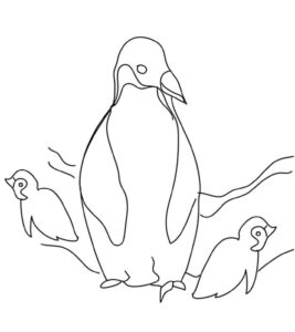 Penguin stands tall with two birds coloring page