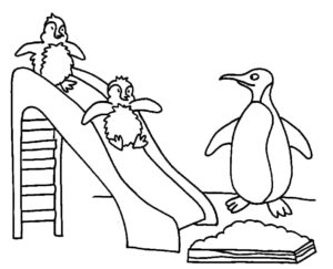 Penguin watches birds on slide coloring page