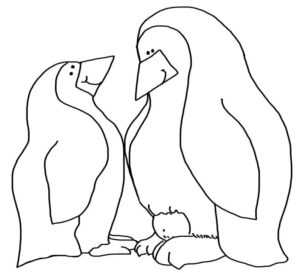 Penguins huddle, gazing at horizon coloring page