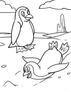 Penguins play on sandy shore coloring page