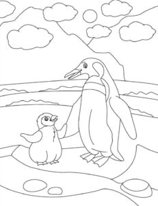 Penguins share moment on rocky shore coloring page