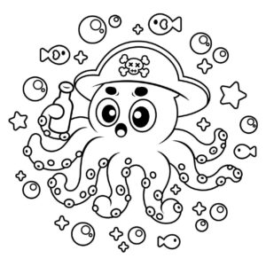 Pirate octopus: stars, bubbles, and bottles coloring page