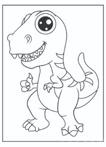 Playful cartoon dinosaur with big eyes and sharp teeth drawing. coloring page