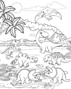 Prehistoric Dinosaur Gathering Around Palm Tree Near Water Drawing coloring page