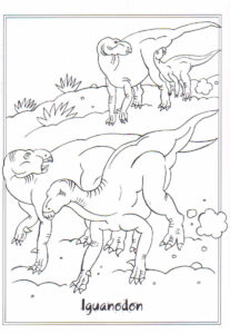 Prehistoric Landscape: Three Mighty Iguanodons Roam Freely Among Lush Plants coloring page