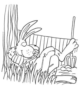 Rabbit naps with shovel on bench coloring page