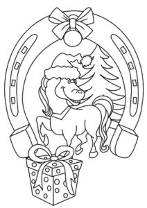 Santa horse: festive christmas scene coloring page