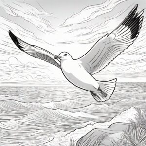 Seagull soaring above crashing waves coloring page