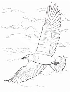 Seagull soaring through swirling clouds coloring page