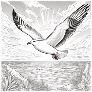 Seagull soaring: sun, waves, and freedom coloring page